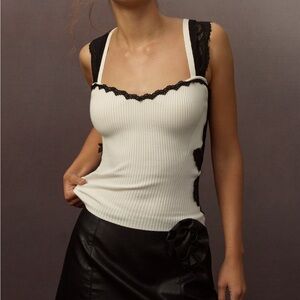 Maeve White Ribbed Tank with Black Lace Detail